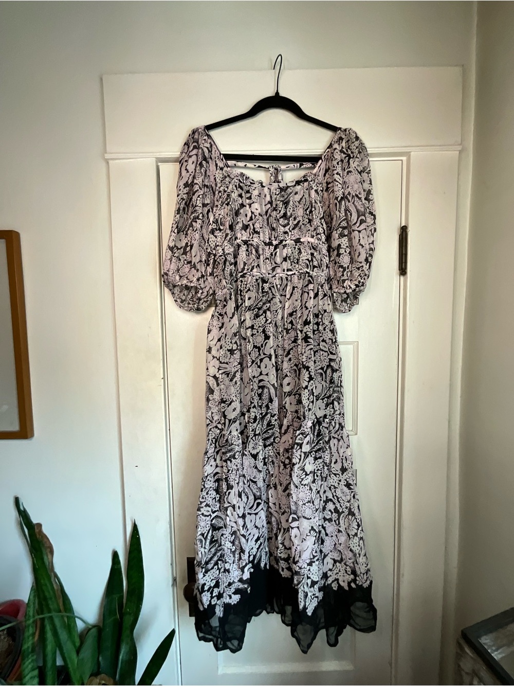 Anthropologie Squareneck Smocked Tie Back Midi Dress